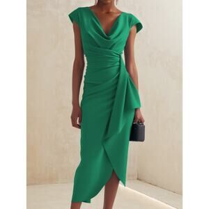 Elegant Green Midi Dress with Draped Detail
